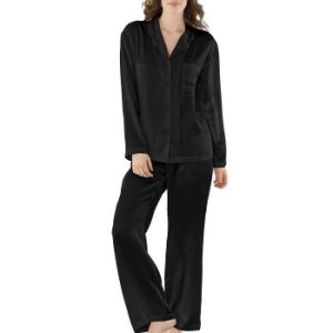 Damella Woven Silk Plain Pyjamas Set Sort silke X-Large Dame