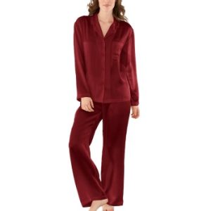 Damella Woven Silk Plain Pyjamas Set Vinrød silke X-Large Dame